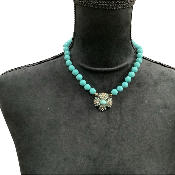 Heidi Daus Turquoise Beaded Necklace with Black Enamel & Clear Crystal Pendant - Picture 2 of 5